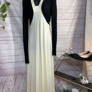 Vintage 70s black and White sheer lace long sleeve evening gown formal‎ dress